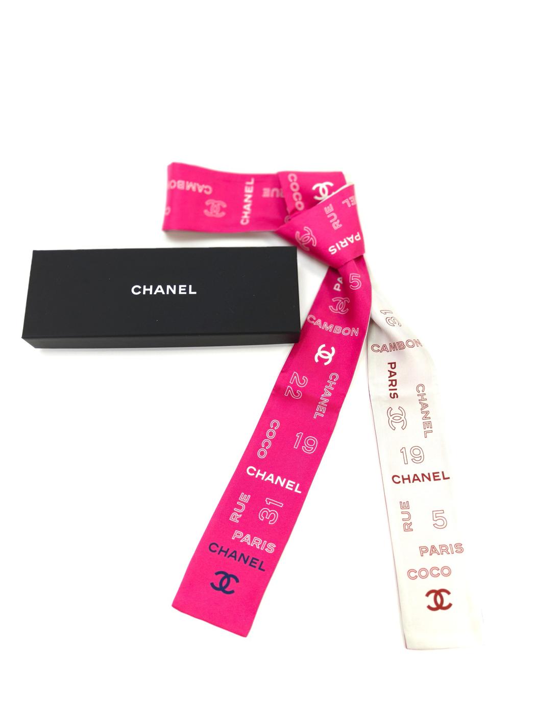 CHANEL シャネル ココマーク シルク ツイリー スカーフ リバーシブル ピンク×ホワイト 管理番号:10412