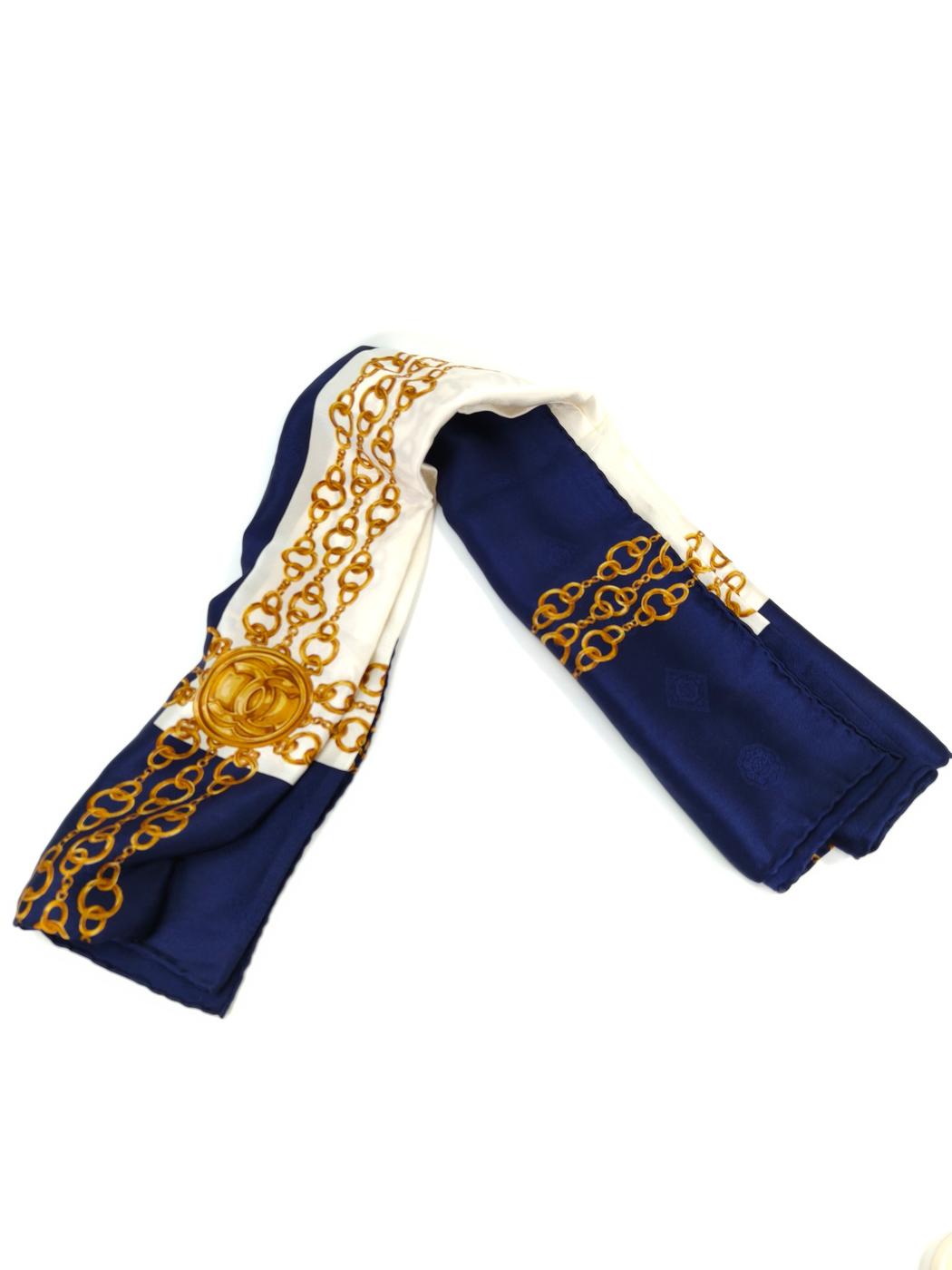 CHANEL シャネル チェーン柄 ココマーク スカーフ シルク ネイビー×ホワイト 管理番号:10494