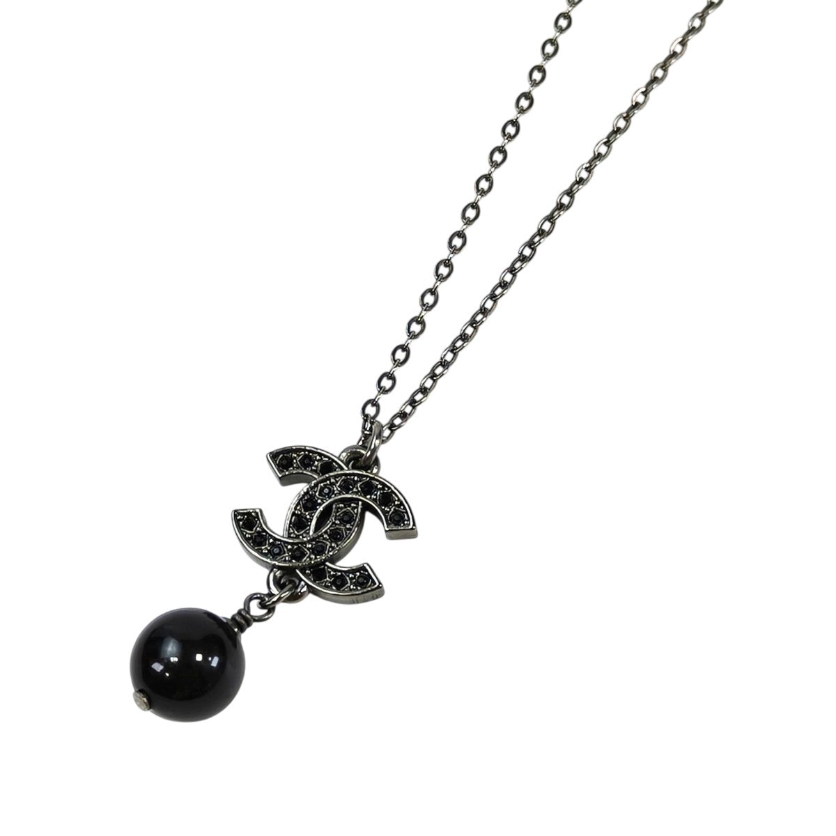CHANEL シャネルココマークブラックラインストーンパールネックレス