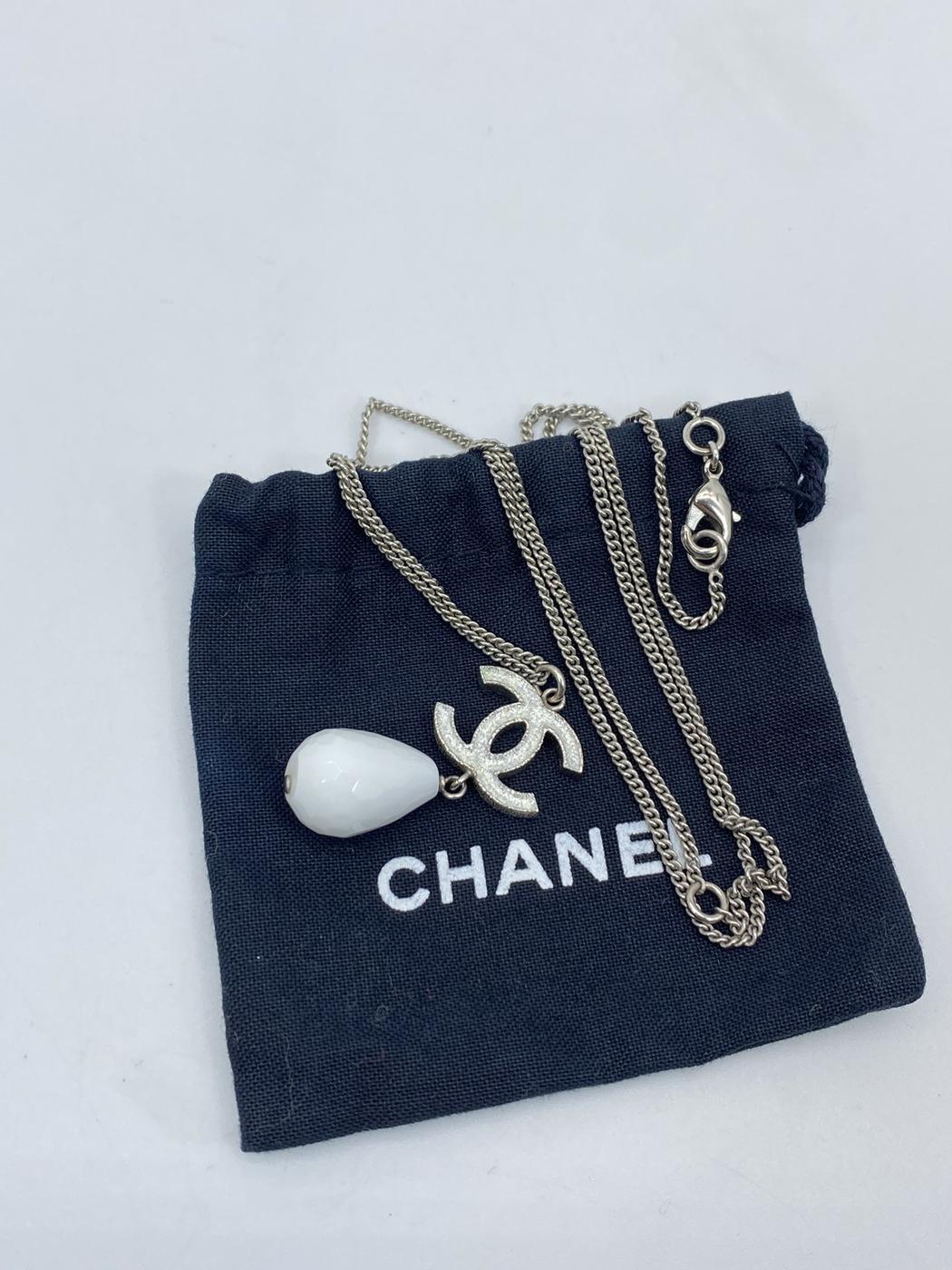 CHANEL シャネル ココマーク ティアドロップ A43326 ラメ ネックレス シルバー×ホワイト 管理番号:5266