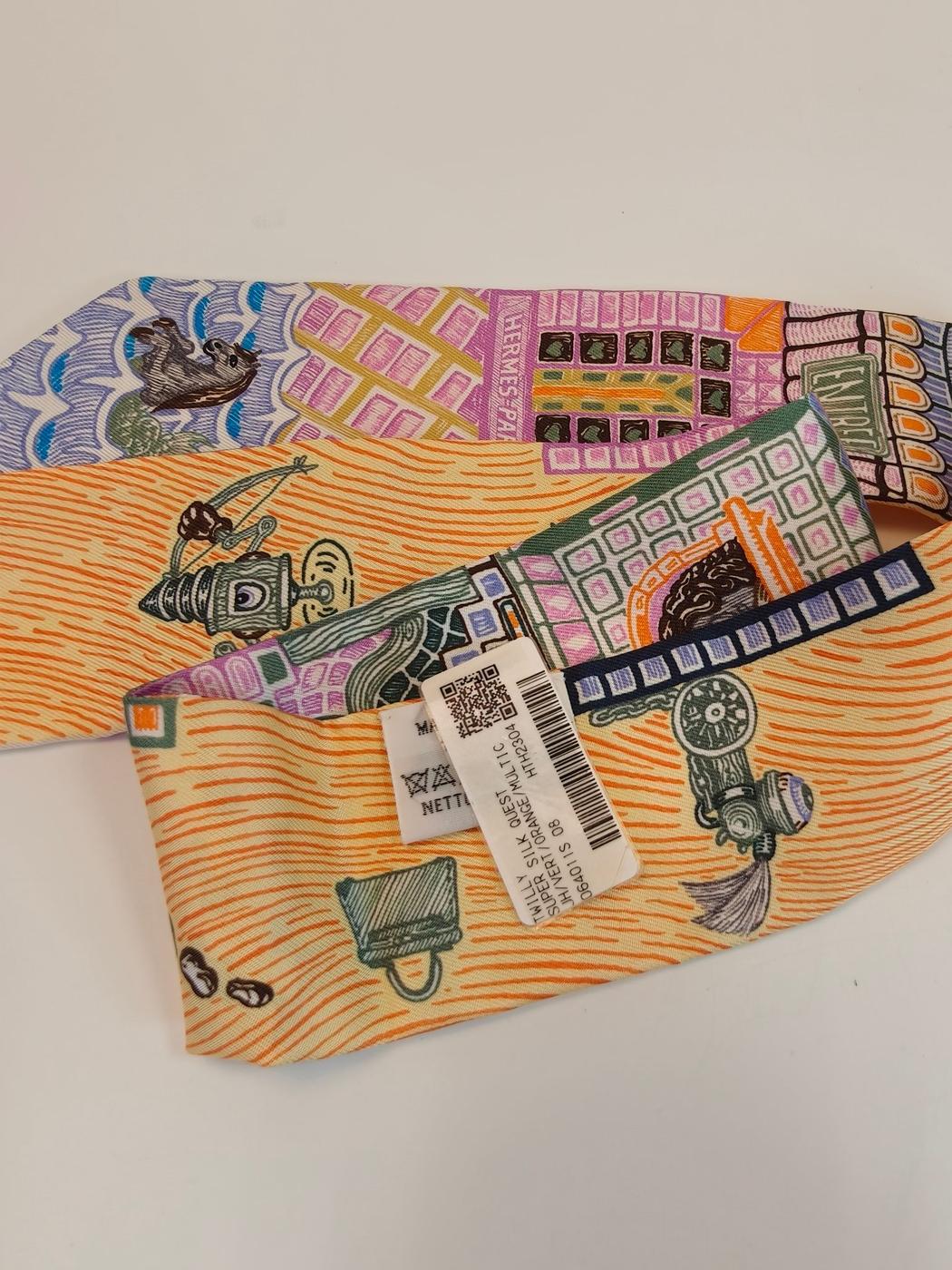 エルメス HERMES Super Silk Quest スーパー シルク クエスト ツイリー スカーフ 総柄 黄色 マルチカラー 管理番号:10161