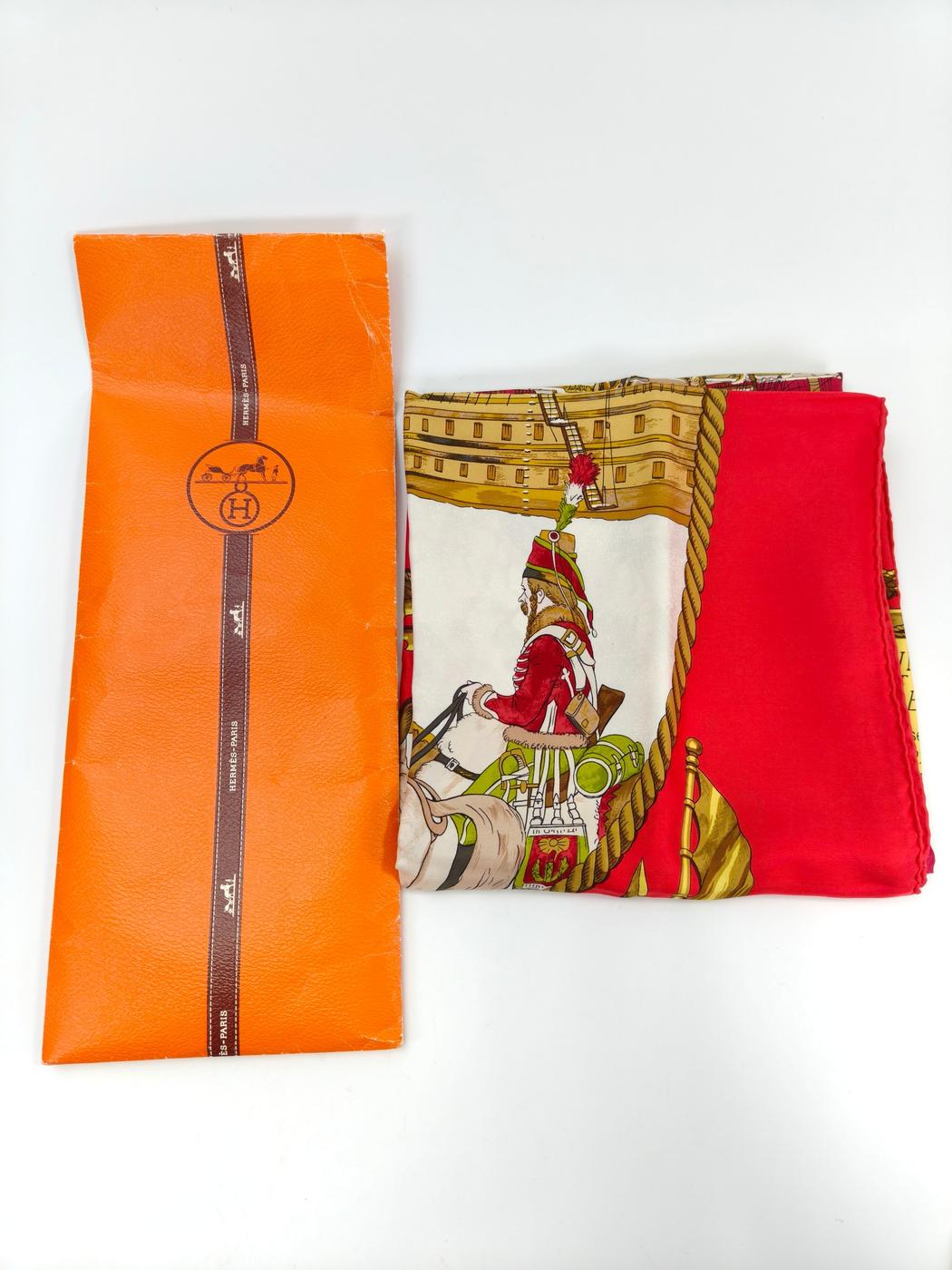 HERMES Carre 90 MARINE ET CAVALERIE Silk Scarf Red Product No: 10869