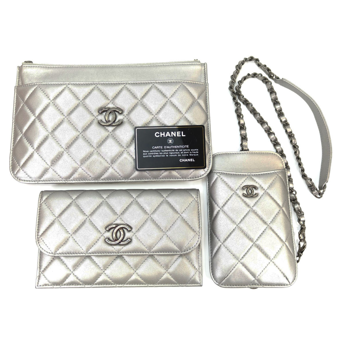 CHANEL シャネル マトラッセ マルチバッグ チェーンショルダー 財布 スマホケース付き シルバー 管理番号：10422