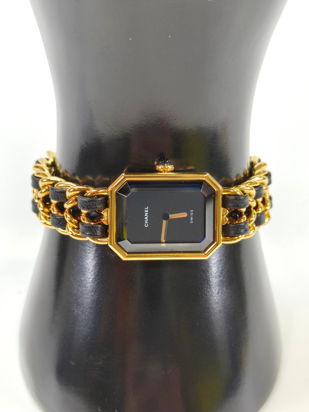 CHANEL シャネル プルミエール Lサイズ オクタゴナル チェーンブレス レザーベルト クオーツアナログ ゴールド 管理番号：10454