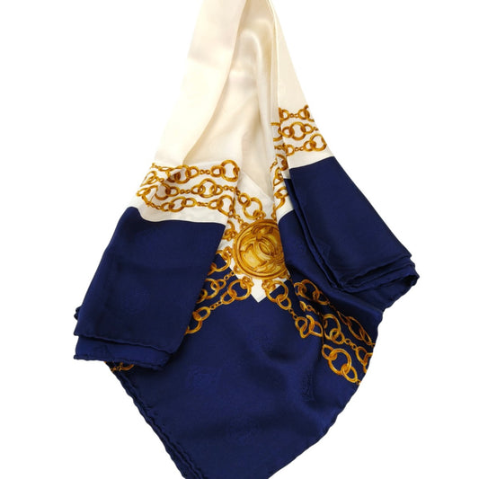 CHANEL シャネル チェーン柄 ココマーク スカーフ シルク ネイビー×ホワイト 管理番号：10494