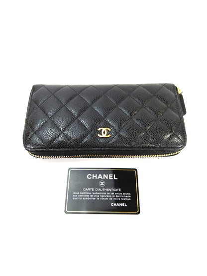 CHANEL 香奈儿 菱格经典拉链长款钱夹 鱼子酱皮 黑色 管理编号：10610