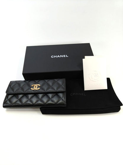 CHANEL 香奈儿 菱格纹翻盖长款钱包 鱼子酱皮 黑色 管理编号：10645