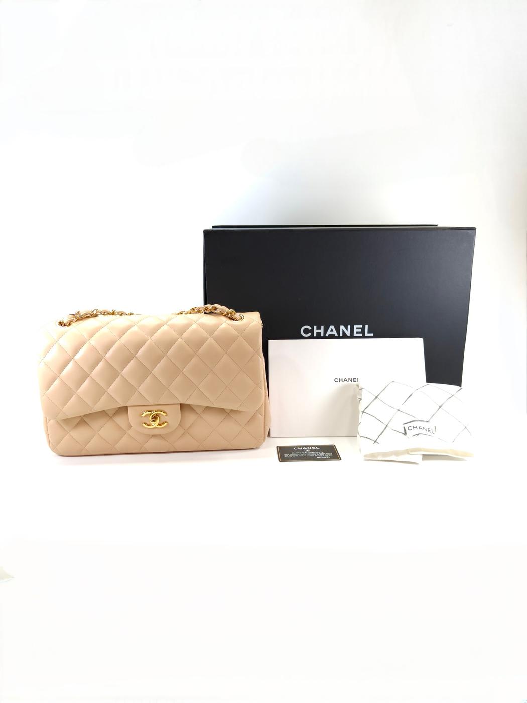香奈儿 CHAENL 大号菱格纹30 双层翻盖链条包 羊皮 米色 型号：10979