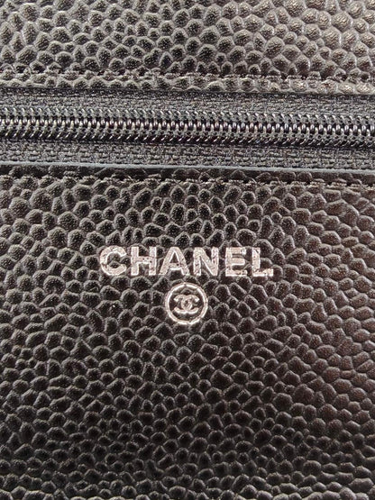CHANEL 香奈儿 菱格纹经典款链条钱包 鱼子酱皮 黑色 管理编号：10980