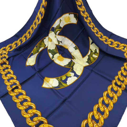 CHANEL シャネル チェーン 花柄 シルク スカーフ ネイビー 管理番号：11085