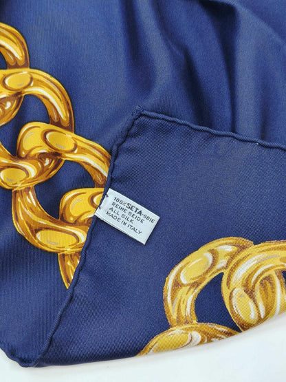CHANEL シャネル チェーン 花柄 シルク スカーフ ネイビー 管理番号：11085