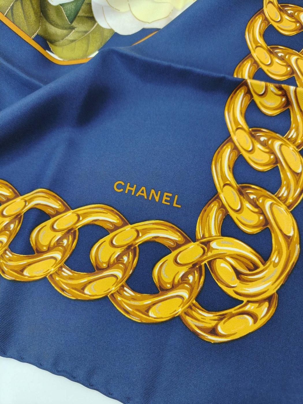 CHANEL シャネル チェーン 花柄 シルク スカーフ ネイビー 管理番号：11085