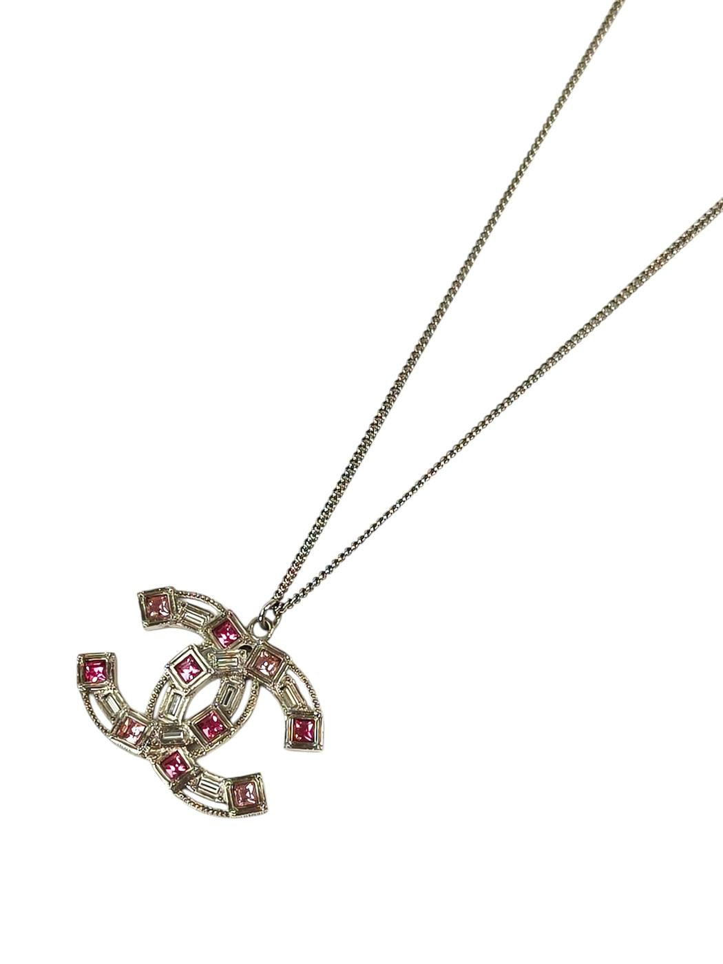 CHANEL シャネル ココマーク ラインストーン ネックレス シルバー×ピンク 管理番号：11261