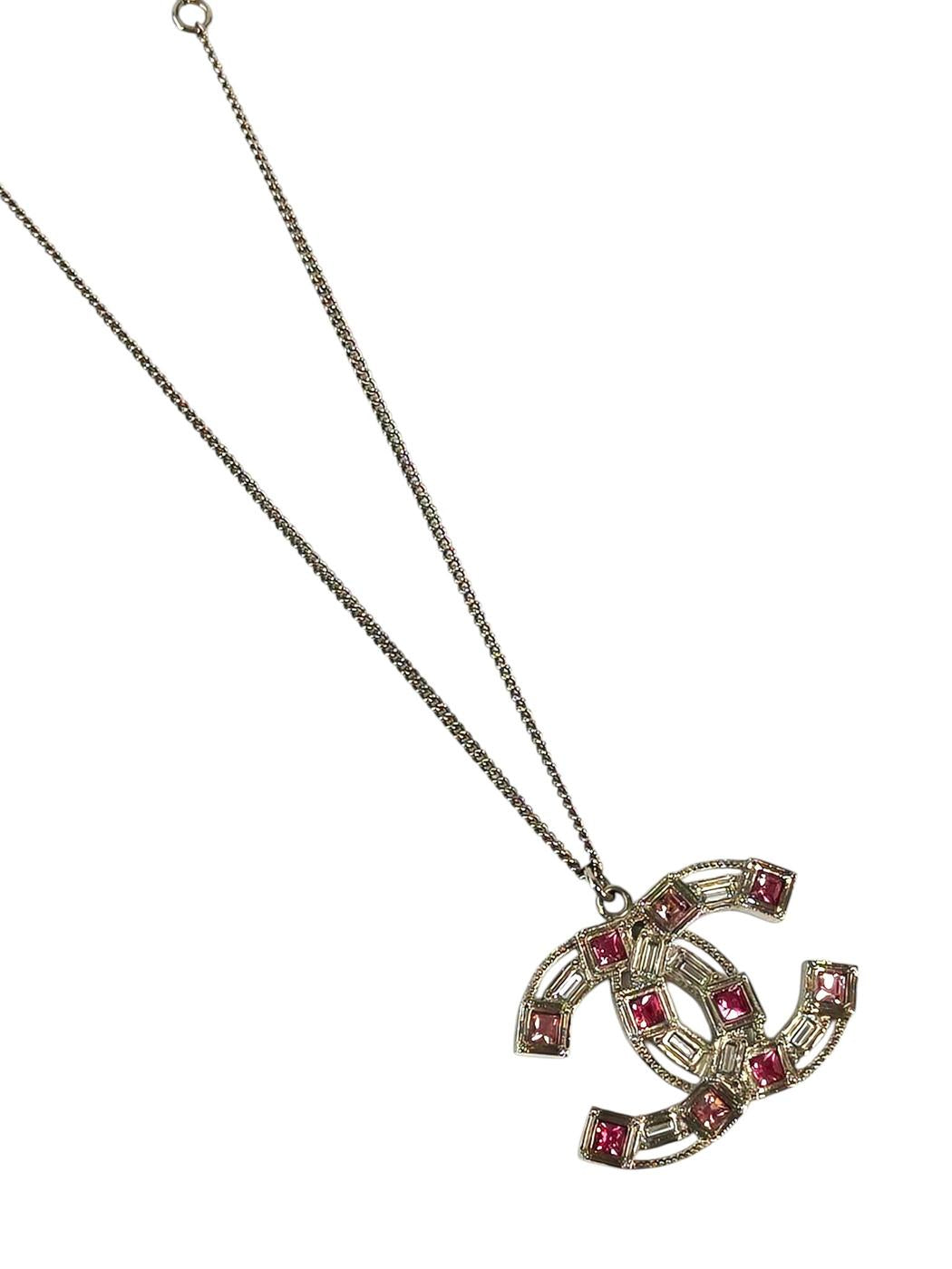 CHANEL シャネル ココマーク ラインストーン ネックレス シルバー×ピンク 管理番号：11261