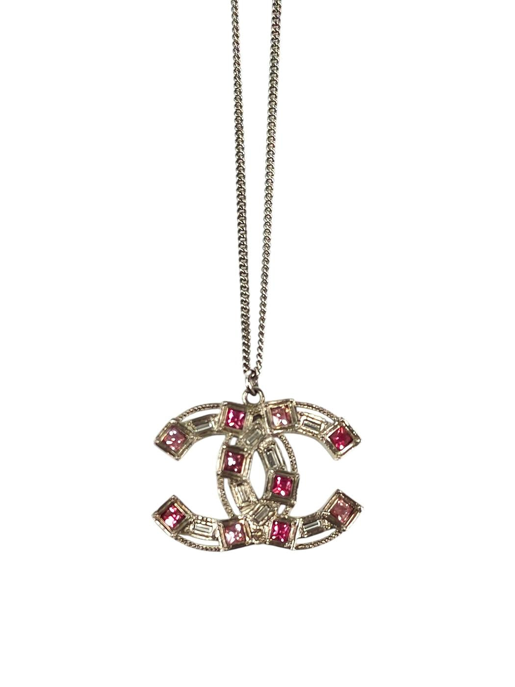 CHANEL シャネル ココマーク ラインストーン ネックレス シルバー×ピンク 管理番号：11261