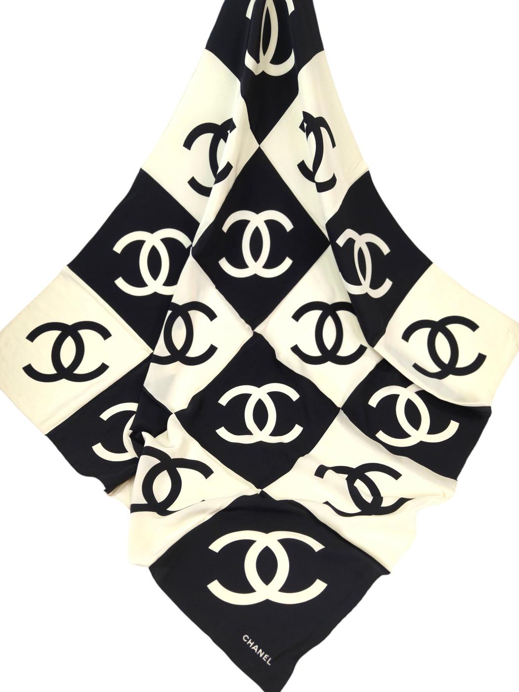 CHANEL シャネル ココマーク バイカラー シルク スカーフ ブラック×ホワイト 管理番号：11263