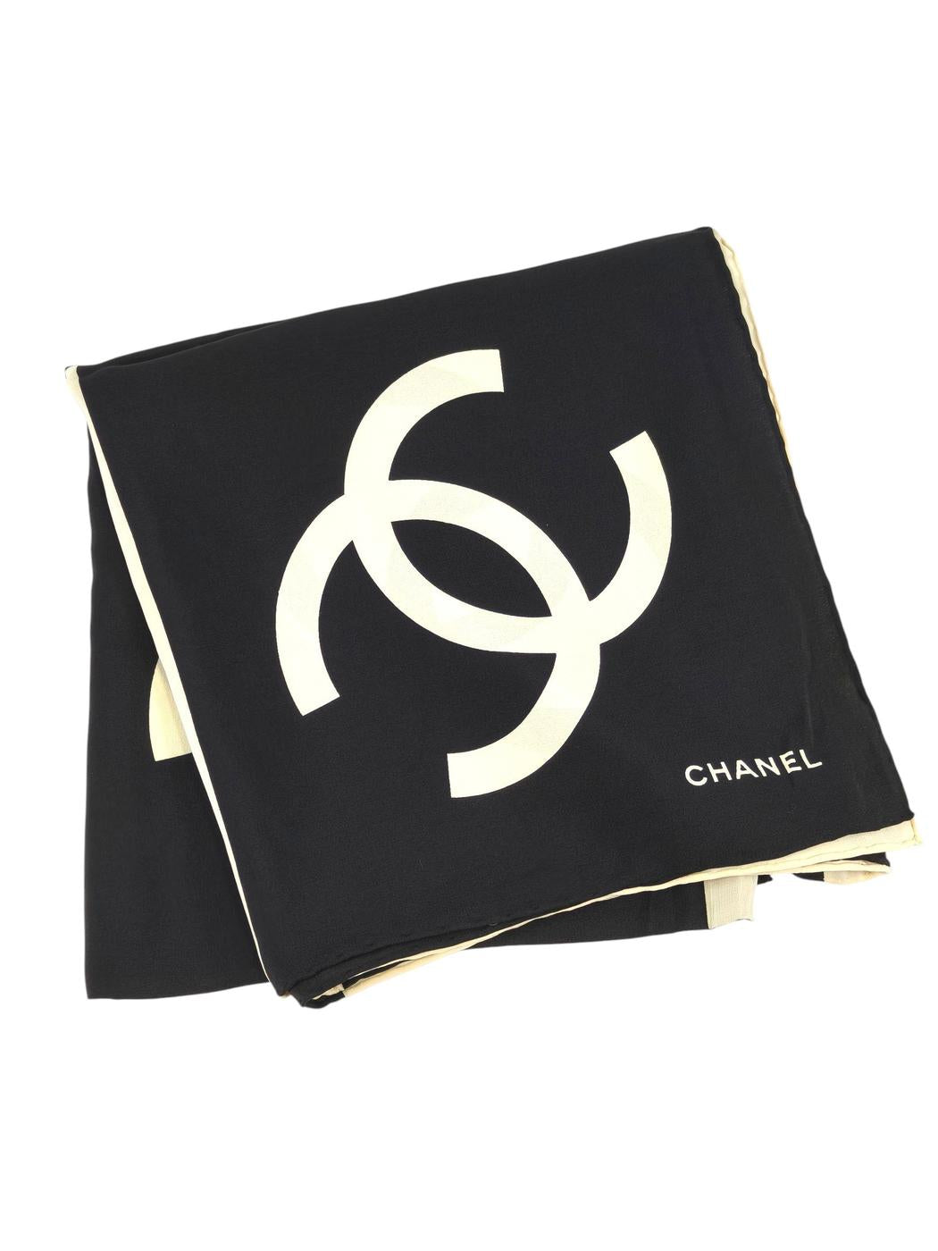 CHANEL シャネル ココマーク バイカラー シルク スカーフ ブラック×ホワイト 管理番号：11263