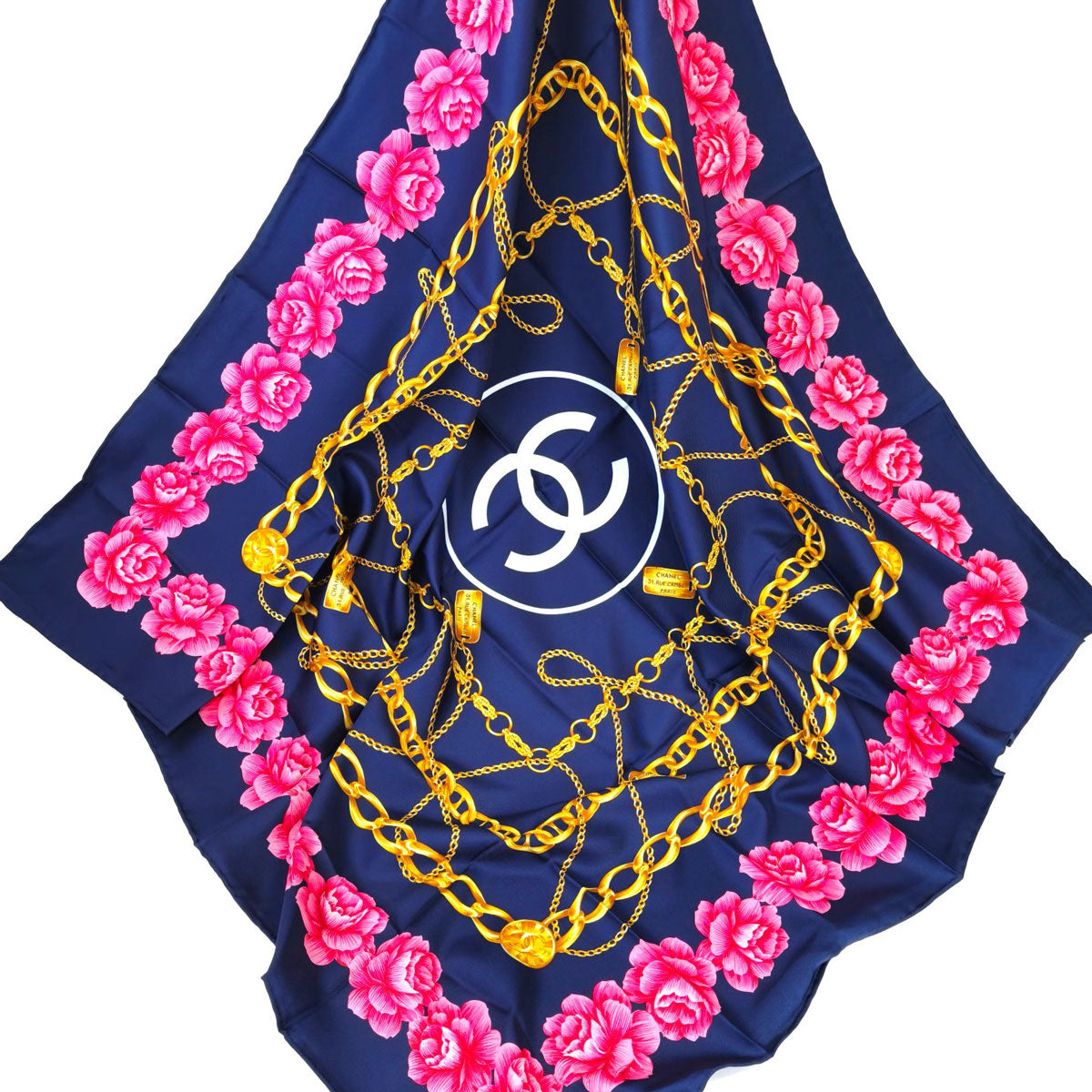 CHANEL シャネル ココマーク 花柄 チェーン シルク スカーフ ネイビー×ピンク 管理番号：11265