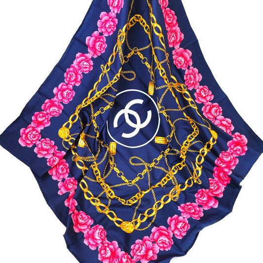 CHANEL シャネル ココマーク 花柄 チェーン シルク スカーフ ネイビー×ピンク 管理番号：11265