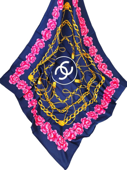 CHANEL シャネル ココマーク 花柄 チェーン シルク スカーフ ネイビー×ピンク 管理番号：11265