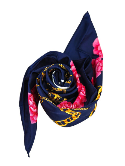 CHANEL シャネル ココマーク 花柄 チェーン シルク スカーフ ネイビー×ピンク 管理番号：11265