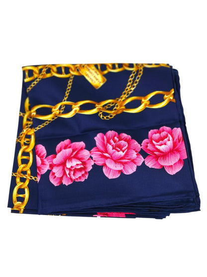 CHANEL シャネル ココマーク 花柄 チェーン シルク スカーフ ネイビー×ピンク 管理番号：11265