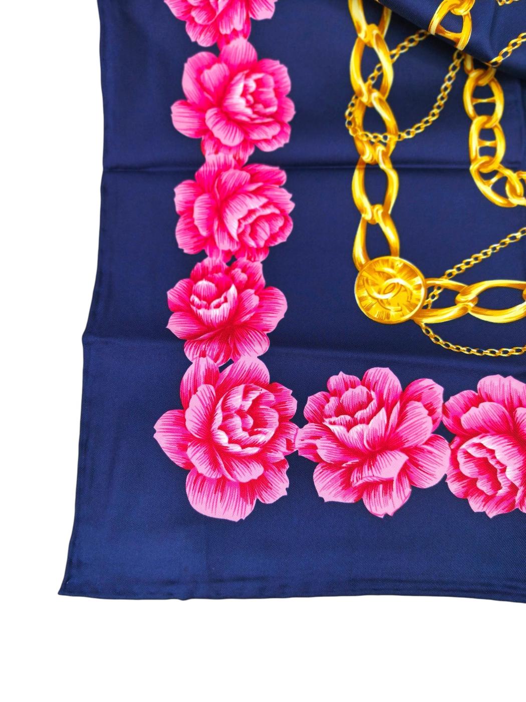 CHANEL シャネル ココマーク 花柄 チェーン シルク スカーフ ネイビー×ピンク 管理番号：11265