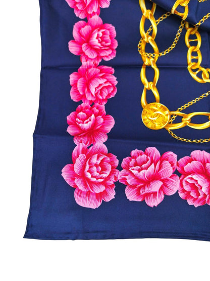 CHANEL シャネル ココマーク 花柄 チェーン シルク スカーフ ネイビー×ピンク 管理番号：11265