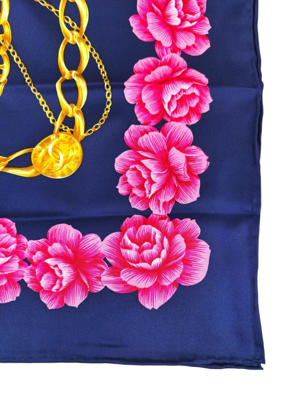 CHANEL シャネル ココマーク 花柄 チェーン シルク スカーフ ネイビー×ピンク 管理番号：11265