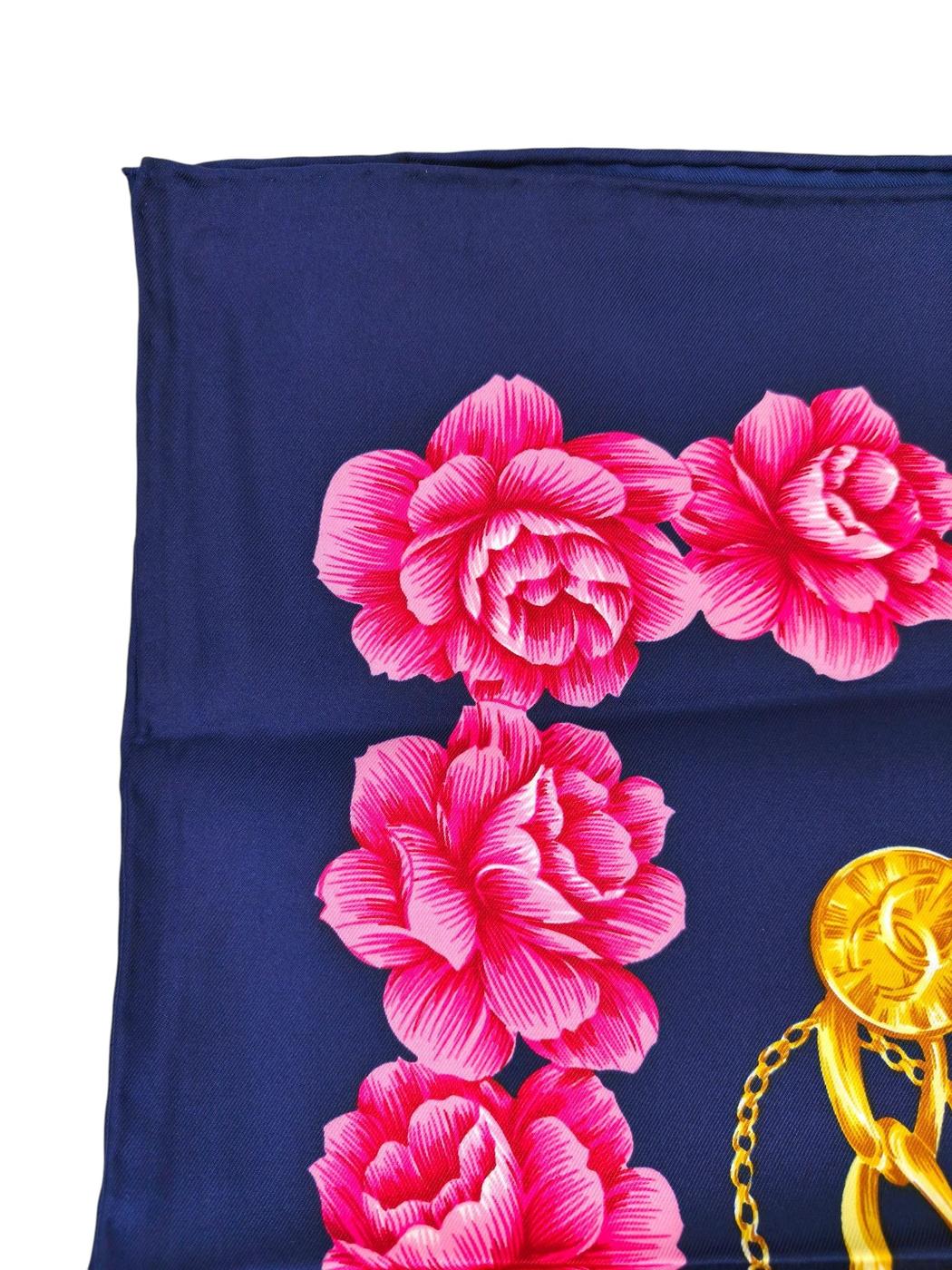 CHANEL シャネル ココマーク 花柄 チェーン シルク スカーフ ネイビー×ピンク 管理番号：11265