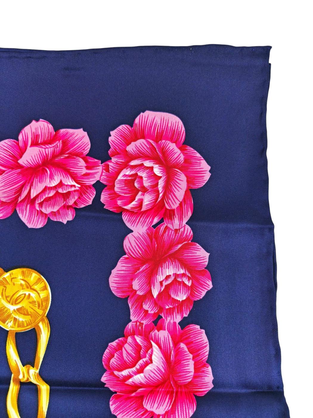 CHANEL シャネル ココマーク 花柄 チェーン シルク スカーフ ネイビー×ピンク 管理番号：11265