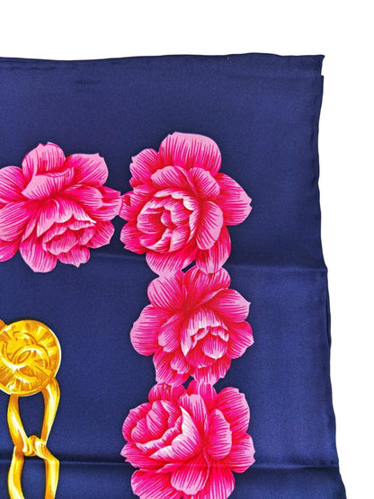 CHANEL シャネル ココマーク 花柄 チェーン シルク スカーフ ネイビー×ピンク 管理番号：11265