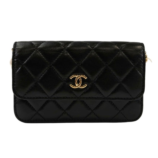 CHANEL シャネル マトラッセ パール チェーンウォレット ラムスキン ブラック 管理番号：11356