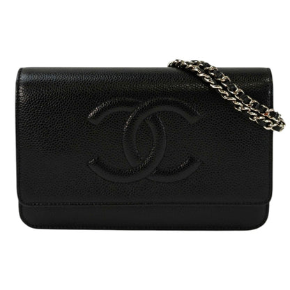 CHANEL シャネル キャビアスキン チェーン ウォレット 黒×銀 管理番号：11366