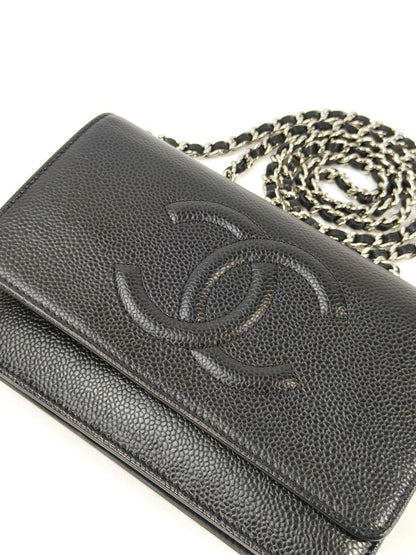 CHANEL シャネル キャビアスキン チェーン ウォレット 黒×銀 管理番号：11366