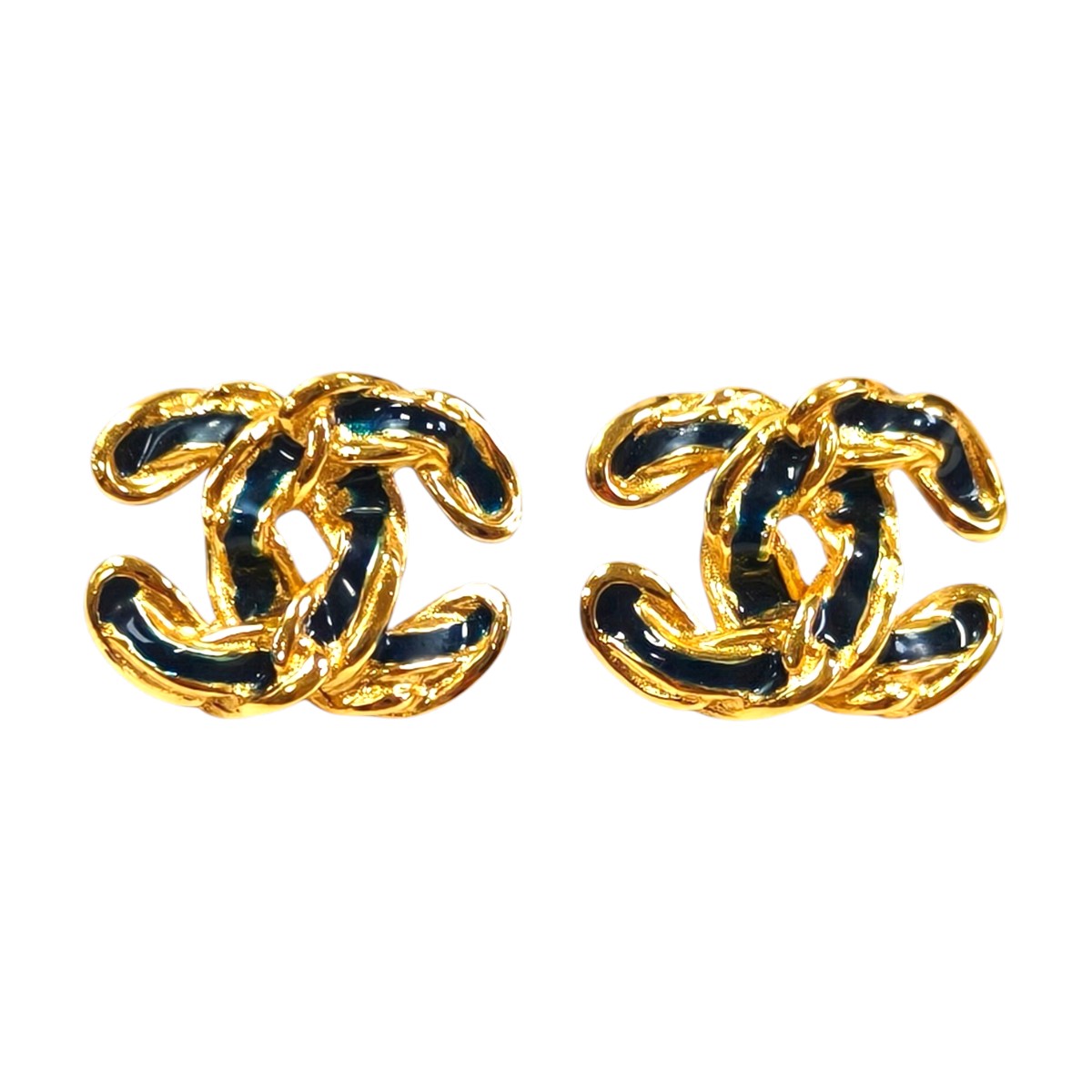 CHANEL シャネル ココマーク チェーン柄 ピアス ブラック×ゴールド 管理番号：11537