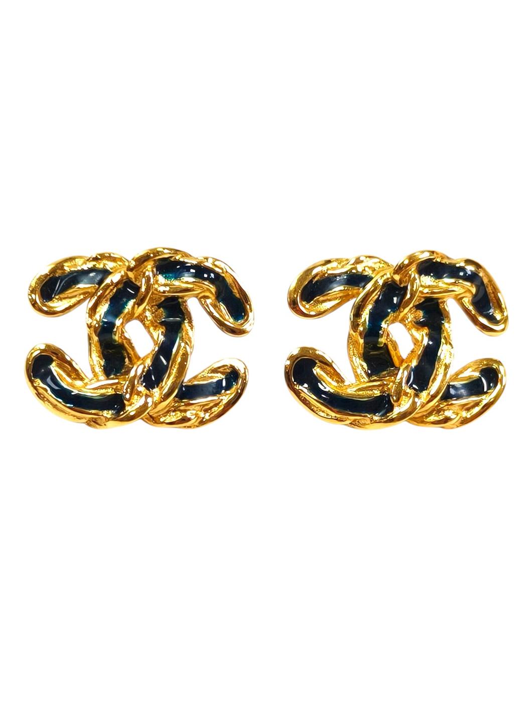 CHANEL シャネル ココマーク チェーン柄 ピアス ブラック×ゴールド 管理番号：11537