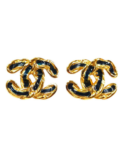 CHANEL シャネル ココマーク チェーン柄 ピアス ブラック×ゴールド 管理番号：11537