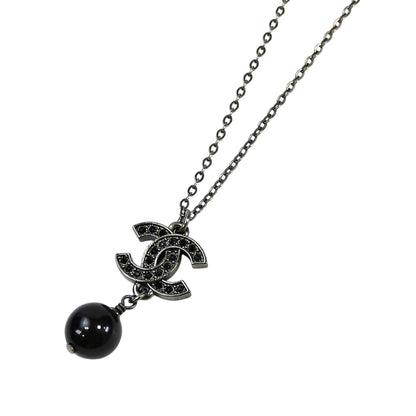 CHANEL シャネル ココマーク ブラックラインストーン パール ネックレス ブラック×シルバー 管理番号：11584