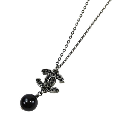 CHANEL シャネル ココマーク ブラックラインストーン パール ネックレス ブラック×シルバー 管理番号：11584