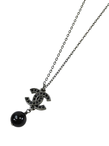 CHANEL シャネル ココマーク ブラックラインストーン パール ネックレス ブラック×シルバー 管理番号：11584