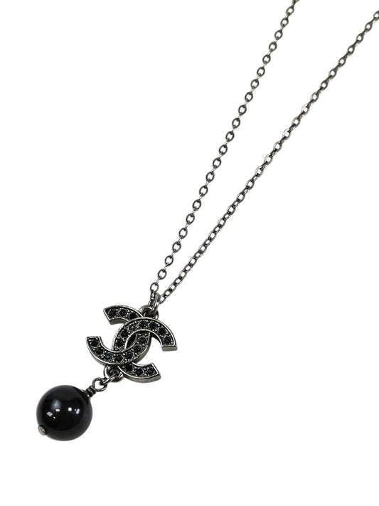 CHANEL シャネル ココマーク ブラックラインストーン パール ネックレス ブラック×シルバー 管理番号：11584