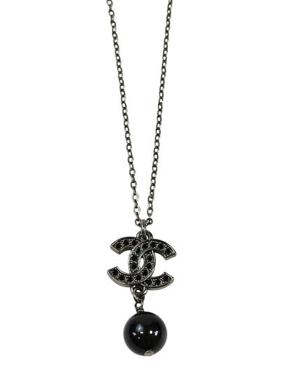 CHANEL シャネル ココマーク ブラックラインストーン パール ネックレス ブラック×シルバー 管理番号：11584