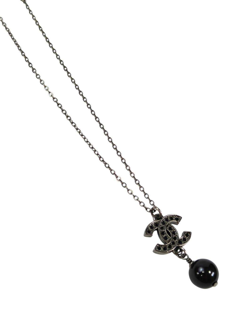 CHANEL シャネル ココマーク ブラックラインストーン パール ネックレス ブラック×シルバー 管理番号：11584