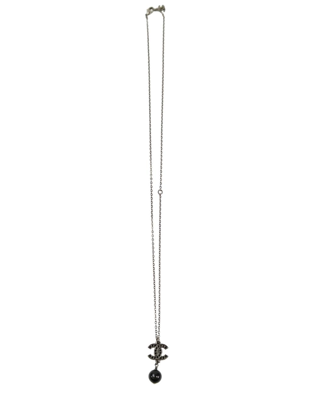 CHANEL シャネルココマークブラックラインストーンパールネックレス
