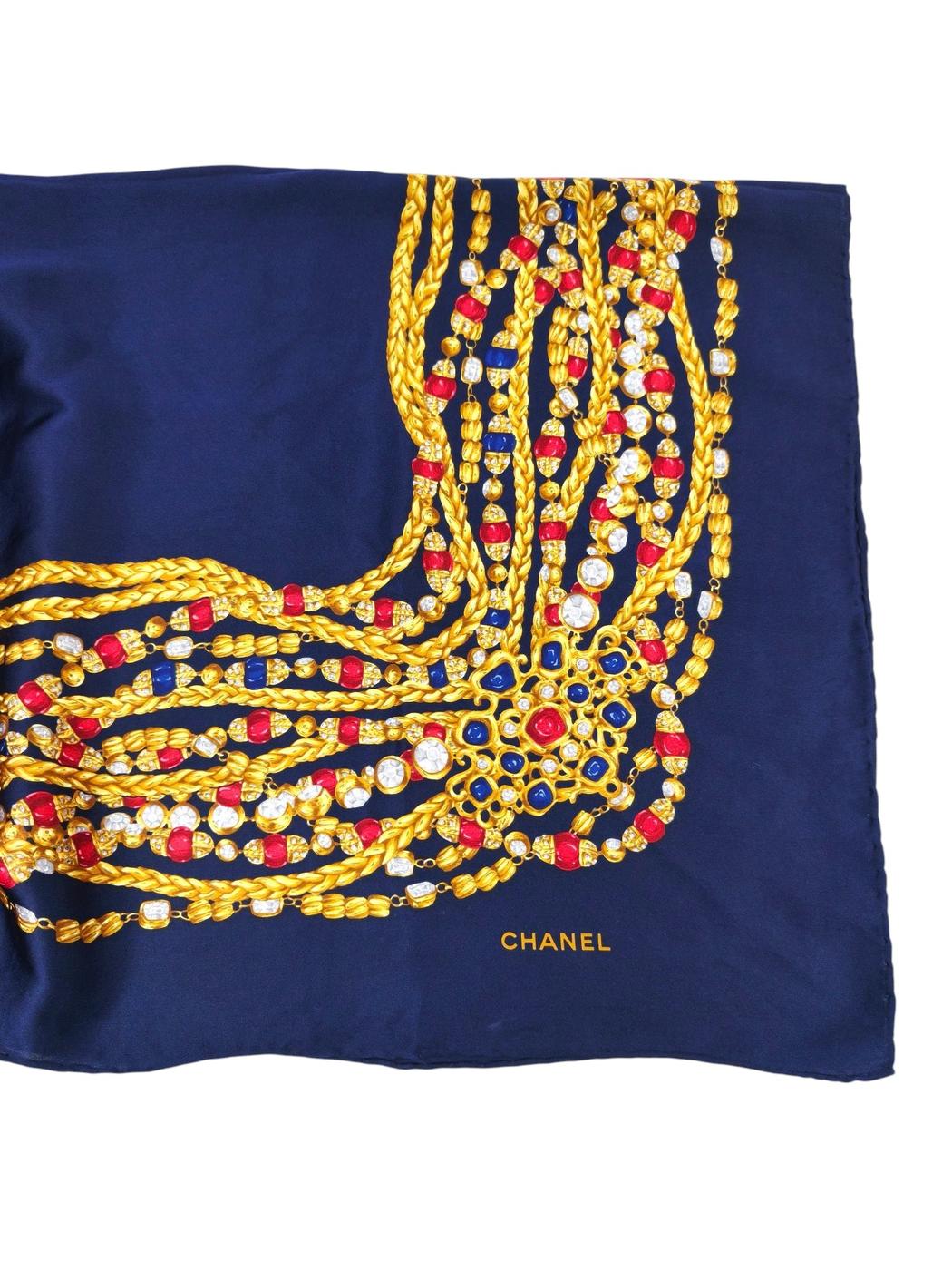 CHANEL シャネル チェーン宝石柄 ヴィンテージシルクスカーフ ネイビー