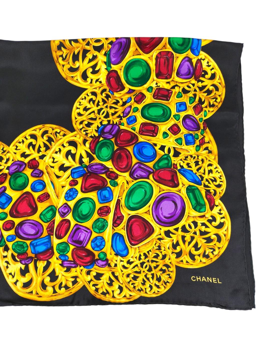 CHANEL シャネル 宝石柄 ヴィンテージジュエル スカーフ ブラック×ゴールド 管理番号：11586