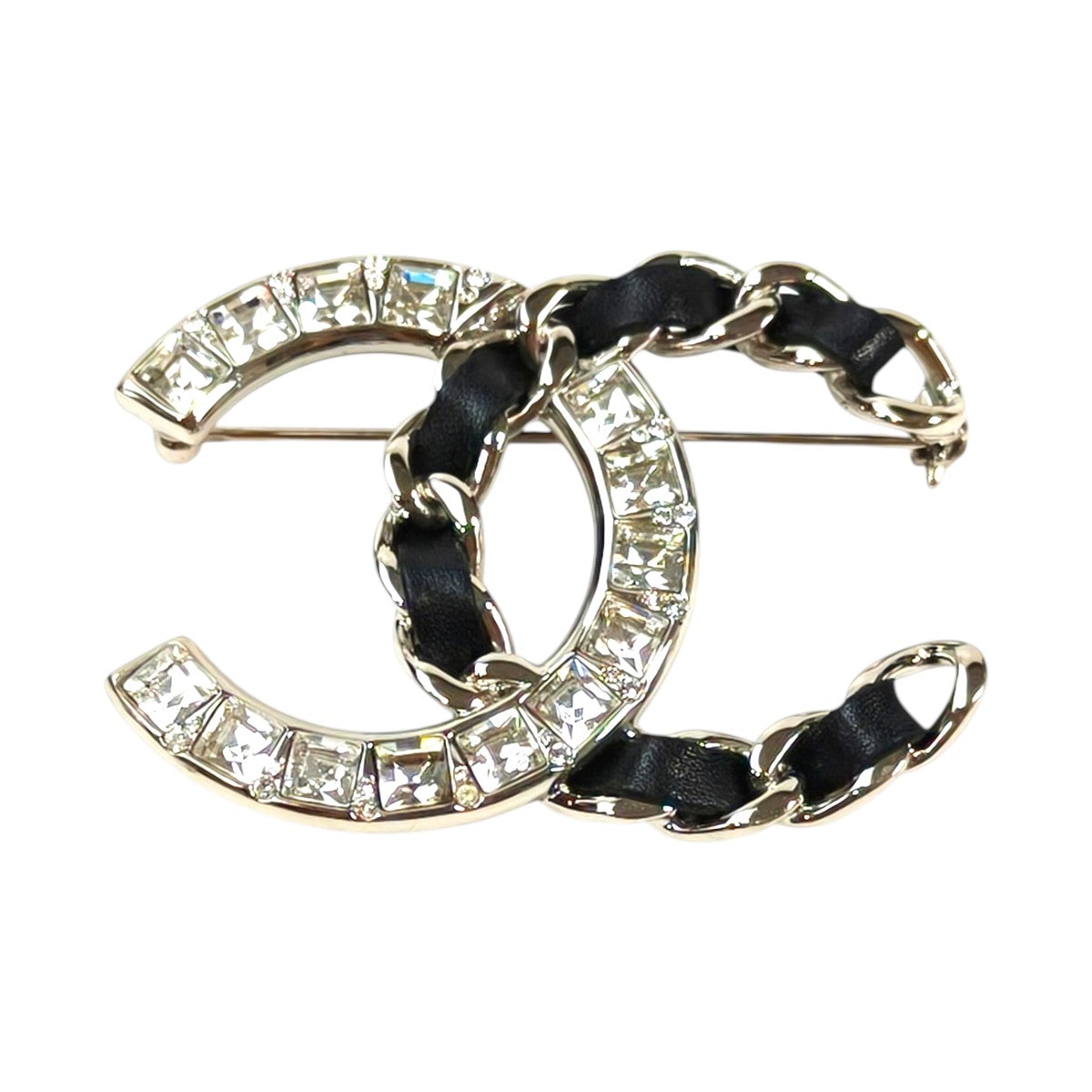 CHANEL シャネル ココマーク ラインストーン×チェーン 2018 年製 ブローチ シルバー 管理番号：11682