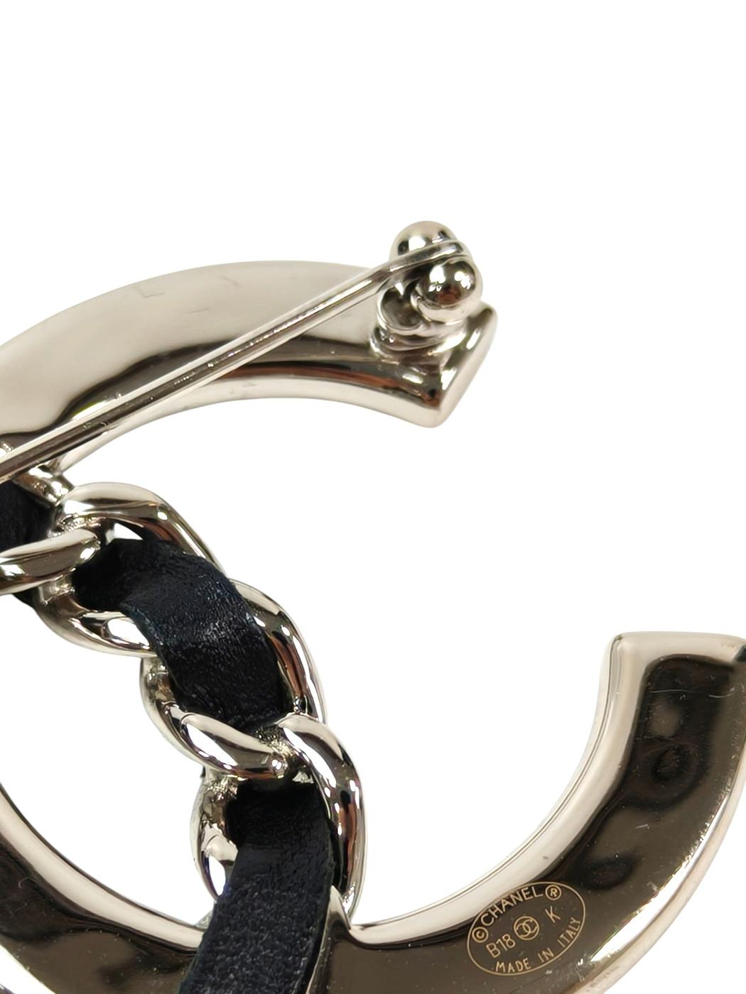 CHANEL シャネル ココマーク ラインストーン×チェーン 2018 年製 ブローチ シルバー 管理番号：11682