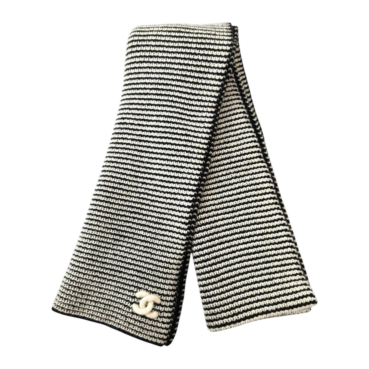 CHANEL シャネル カシミヤ ココマーク リブ編み マフラー 黒×白 管理番号：11775